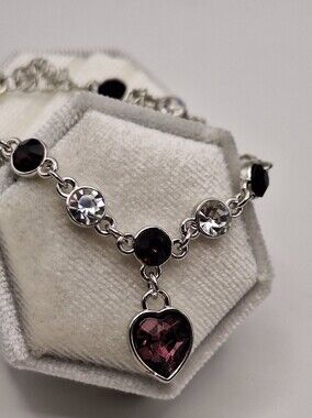 Swarovski Crystal Plum Purple Heart Charm Bracelet Silver Tone NWT